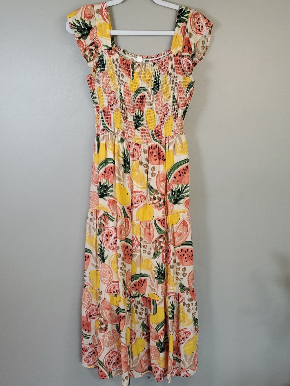 By The River Smocked Maxi Dress W/ Fun Fruit Print & Tired Bottom. Medium